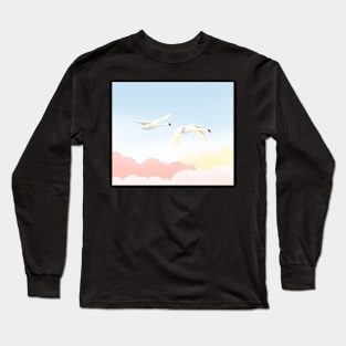 Graceful white swans flying in the blue sky Long Sleeve T-Shirt